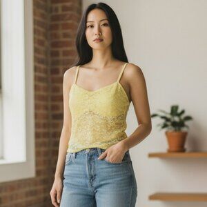 Cinema Etoile Womens Size 36B Yellow Floral Sheer Lace Cami Strappy Top